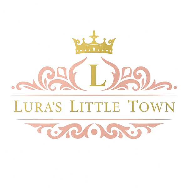 Logo for 'Lura's Little Town' with a decorative 'L' and crown on a white background